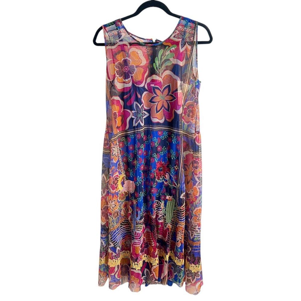 JOHNNY WAS NWT Embroidered Midi Mesh A Line Shift Dress Sz S Desert Boho